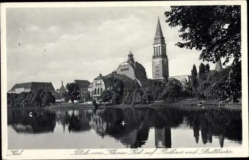 Ak Kiel, Blick vom kleinen Kiel auf Rathaus und Stadttheater