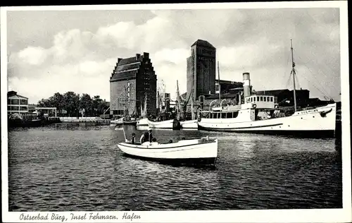 Ak Burg auf der Insel Fehmarn, Hafen, Dampfer, Boot, Turm Kölln