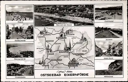 Landkarten Ak Ostseebad Eckernförde, Kurpark, Südstrand, Strand, Fischereihafen