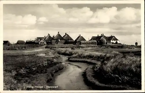 Ak Hallig Hooge in Nordfriesland, Reetdachhäuser, Hanswarf