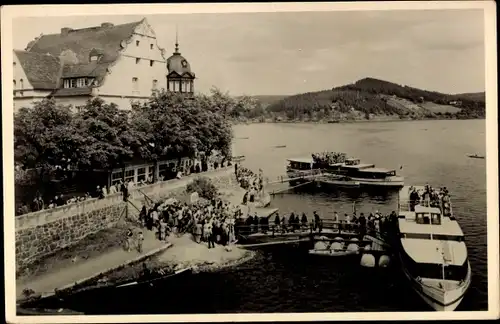 Ak Saalburg Thüringen, Stausee, Hotel Kranich, Bootsanlegestelle