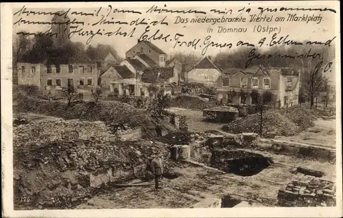Ak Domnowo Domnau Ostpreußen, Niedergebranntes Viertel, Marktplatz, I. WK