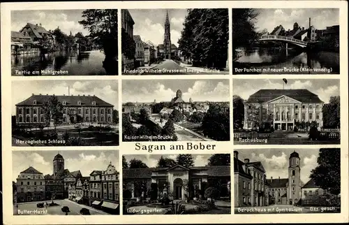 Ak Żagań Sagan Schlesien, Partie am Mühlgraben, Friedrich-Wilhelm-Straße m. ev. Kirche, Buttermarkt