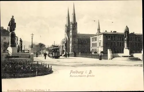 Ak Freiburg im Breisgau, Kaiserstraßenbrücke, Straßenbahn