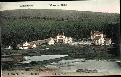 Ak Hahnenklee Bockswiese Goslar im Harz, Ortsansicht, Aussichtsturm, Schwenzels Hotel