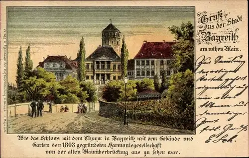 Litho Bayreuth in Oberfranken, Schloss mit Turm und Garten