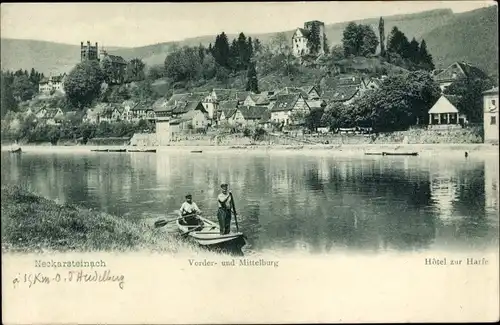 Ak Neckarsteinach in Hessen, Hotel zur Harfe, Vorderburg und Mittelburg