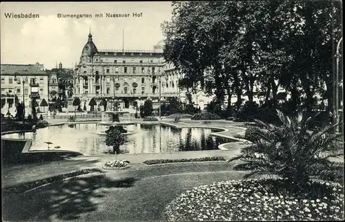 Ak Wiesbaden in Hessen, Blumengarten mit Nassauer Hof