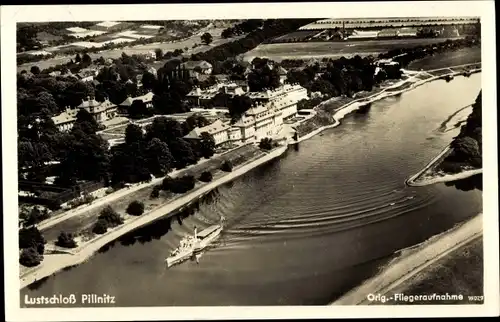 Ak Dresden Pillnitz, Lustschloss, Elbe, Fliegeraufnahme