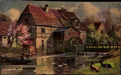 Künstler Ak Angler vor einer Wassermühle