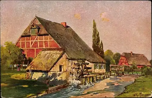 Künstler Ak Partie an einer Wassermühle