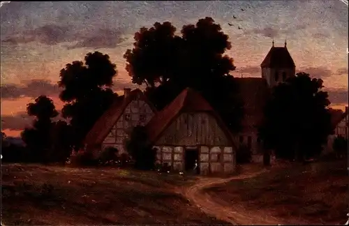 Künstler Ak Hoy, W., Bauernhof, Dämmerung, Stilles Dörfchen