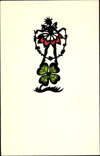 Scherenschnitt Ak Elfe mit Girlande auf einem Kleeblatt