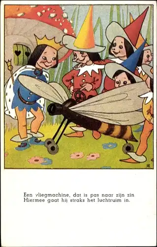 Künstler Ak Zwerge zeigen dem König ein Wespen-Flugzeug