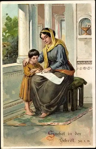 Litho Suchet in der Schrift, Joh. 5 39, Bibelspruch, Mutter mit Kind