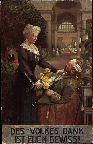 Künstler Ak Fischer, Des Volkes Dank ist euch gewiss,Kaiserin Auguste Viktoria besucht Kriegsveteran