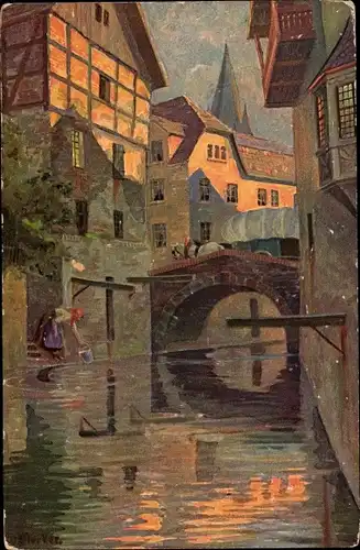 Künstler Ak Merker, W:, Flusspartie in einer Ortschaft, Brücke