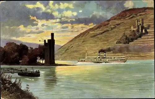 Künstler Ak Hoffmann, H., Bingen am Rhein, Der Mäuseturm und die Ruine Ehrenfels, Dampfer