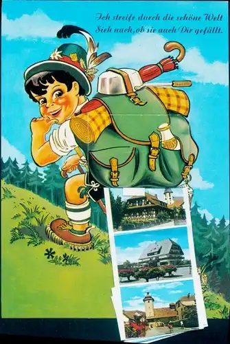 Leporello Künstler Ak Market, Junge, Wanderer, Rucksack, Hut, Sonnenschirm