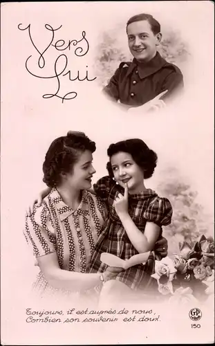 Ak Liebespaar, Frau mit Kind, Soldatenliebe