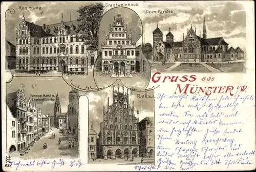 Litho Münster in Westfalen, Domkirche, Stadtweinhaus, Lambertikirche, Markt