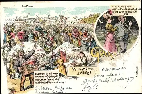 Litho Volksfest, Jahrmarkt, Leierkastenmann, Würstchenverkäufer