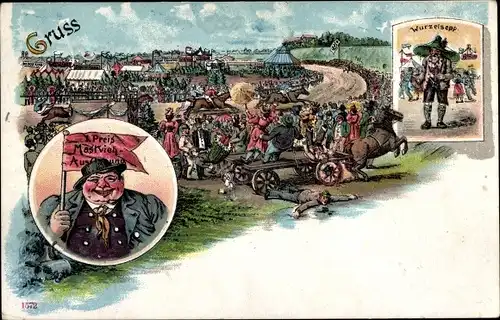 Litho Volksfest, Festplatz, Pferderennen, Wurzelsepp, Mastvieh Ausstellung, dicker Mann