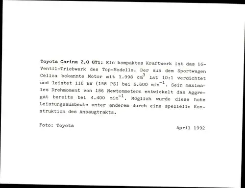 Foto Toyota Carina 2,0 GTi, Ventil-Triebwerk, Sportwagen, Motorhaube