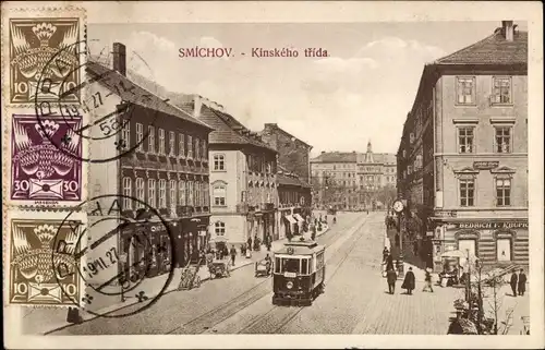 Ak Smíchov Smichow Praha Prag, Kinskeho trida, Straßenbahn