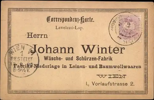 Ak Wien, Wäsche- und Schürzen-Fabrik Johann Winter, Vorlaufstraße 2
