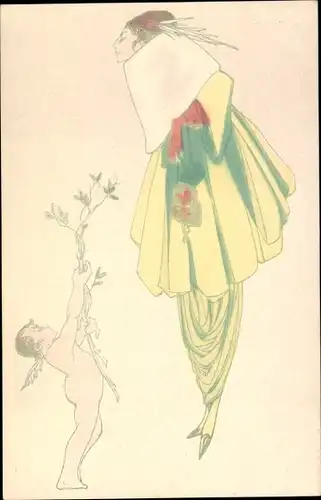 Künstler Ak Engel reicht einer Frau im Mantel einen Zweig