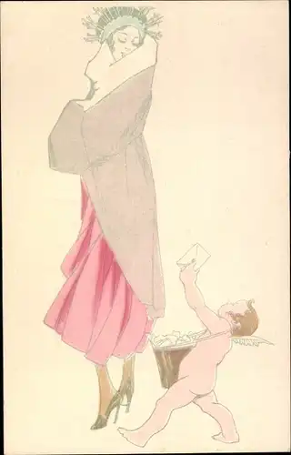 Künstler Ak Engel reicht einer Frau im Mantel einen Brief