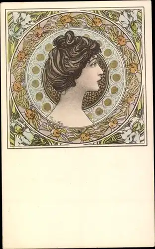 Jugendstil Künstler Litho Kosa, Portrait einer jungen Frau, Blüten