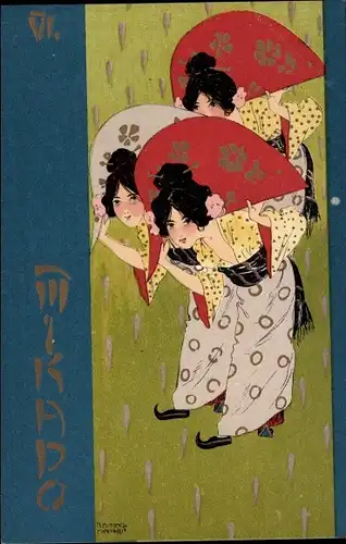 Jugendstil Künstler Ak Kirchner, Raphael, Mikado VI, Japanerinnen mit Fächern, Geishas
