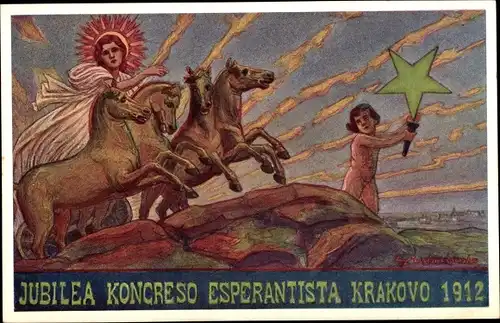 Jugendstil Künstler Ak Kazimirowski, Pentris Eugeniusz, Kraków Polen, Koncreso Esperantista 1912