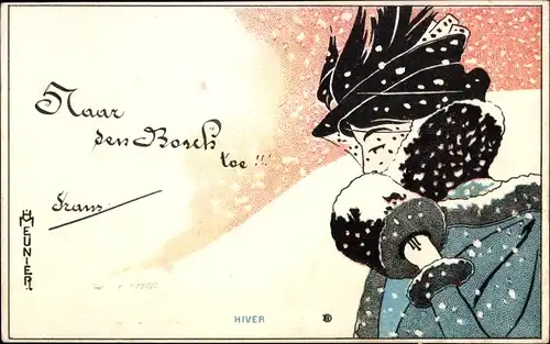 Jugendstil Künstler Ak Meunier, Allegorie, Winter, Frau mit Mufff, Schneefall