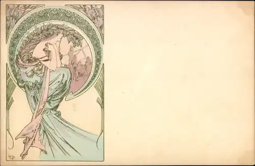 Jugendstil Künstler Litho Mucha, Alfons, Poesie, nachdenkliche Frau