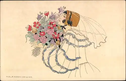 Künstler Ak Köhler, Mela, Frau mit Blumenstrauß