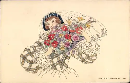 Künstler Ak Köhler, Mela, Frau mit Blumenstrauß, Schleier