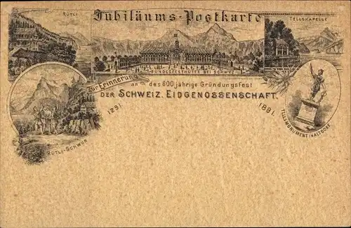 Vorläufer Litho 600 jähriges Gründungsfest der Schweizer Eidgenossenschaft 1891, Rütli-Schwur, Tell