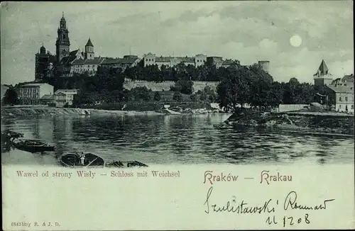Mondschein Ak Kraków Krakau Polen, Schloss, Weichsel