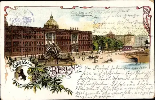 Litho Berlin Mitte, Königliches Schloss, Schlossbrunnen, Brücke, Wappen