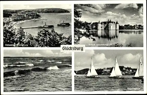 Ak Glücksburg an der Ostsee, Schloss, Segelregatta, Brandung