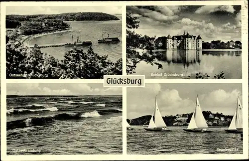 Ak Glücksburg an der Ostsee, Schloss, Segelregatta, Brandung