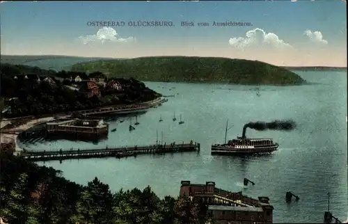 Ak Glücksburg an der Ostsee, Blick vom Aussichtsturm, Landungsbrücke, Dampfer