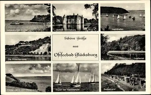 Ak Glücksburg an der Ostsee, Quellental, Yachthafen, Förde, Rosenterrasse, Schloss