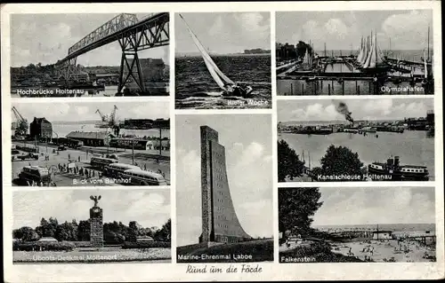 Ak Kiel, Hochbrücke Holtenau, U-Boot Denkmal Möltenort, Olympiahafen, Marine Ehrenmal Laboe