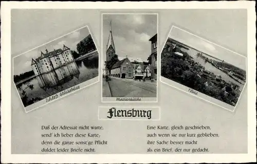 Ak Flensburg in Schleswig Holstein, Förde, Marienkirche, Schloss Glücksburg