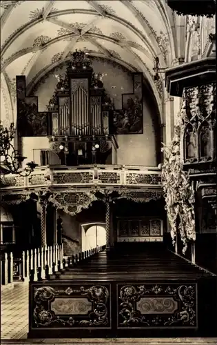 Ak Schleiz im Vogtland Thüringen, Bergkirche, Innenansicht, Orgel, Kanzel