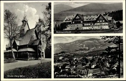 Ak Karpacz Górny Brückenberg Krummhübel Riesengebirge Schlesien, Kirche Wang, Teichmannbaude